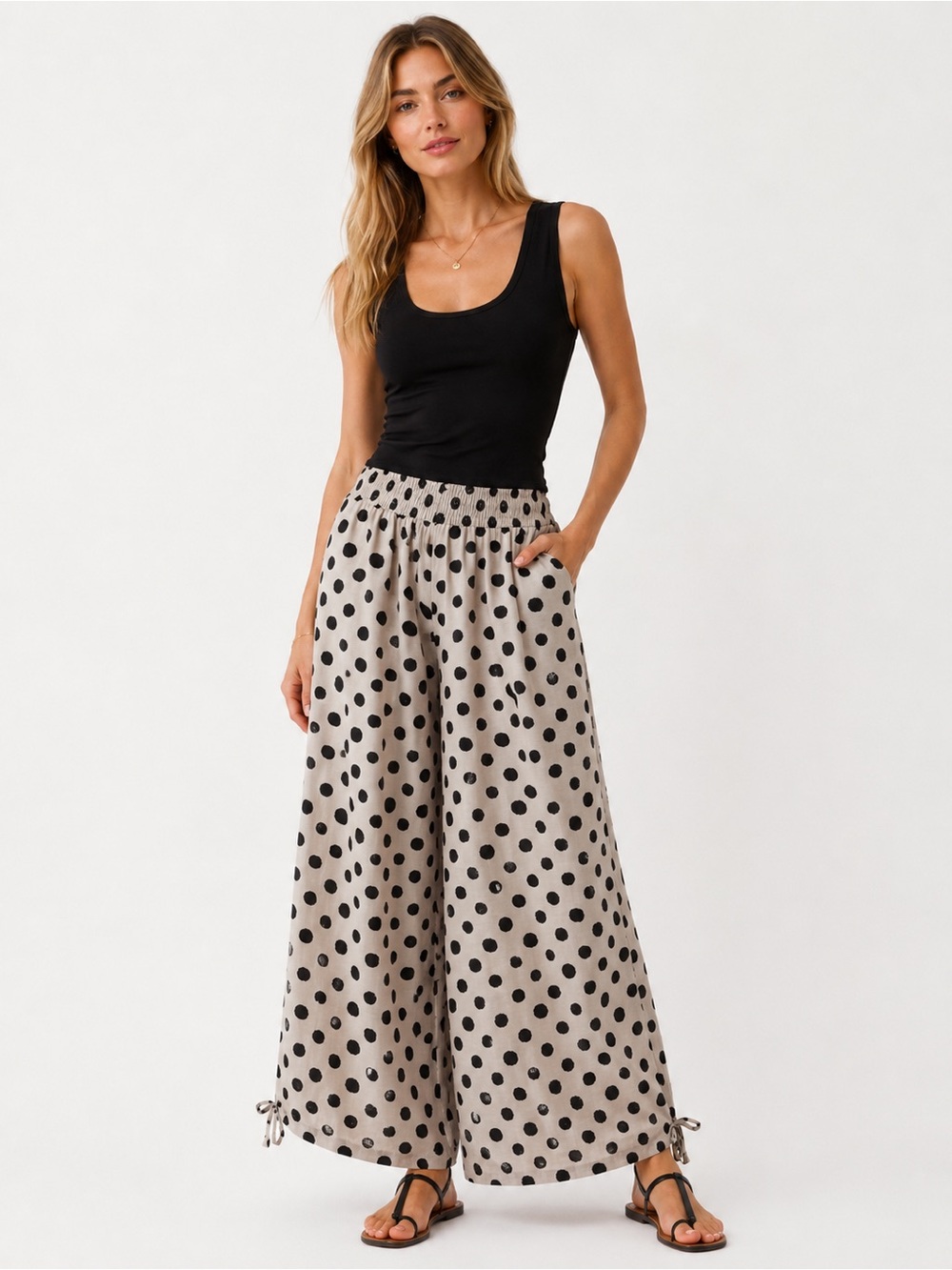Polka Dot Wide Leg Drawstring Pants - Black on Cream - Picture 3 of 4